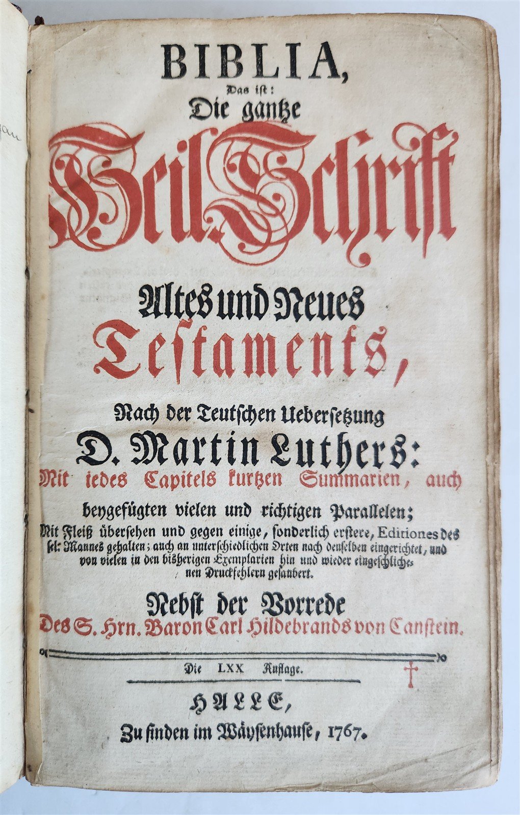 1767 BIBLE in GERMAN antique OLD & NEW TESTAMENT Canstein octavo M.LUTHER Bible
