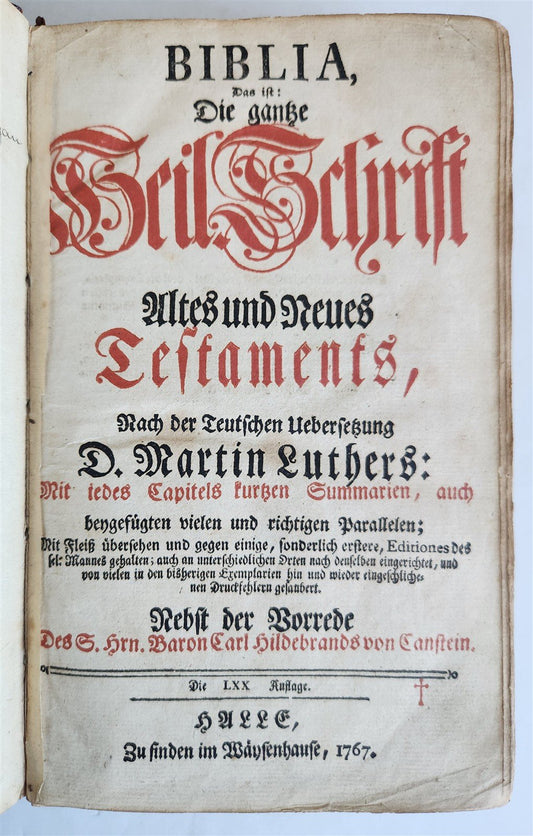 1767 BIBLE in GERMAN antique OLD & NEW TESTAMENT Canstein octavo M.LUTHER Bible