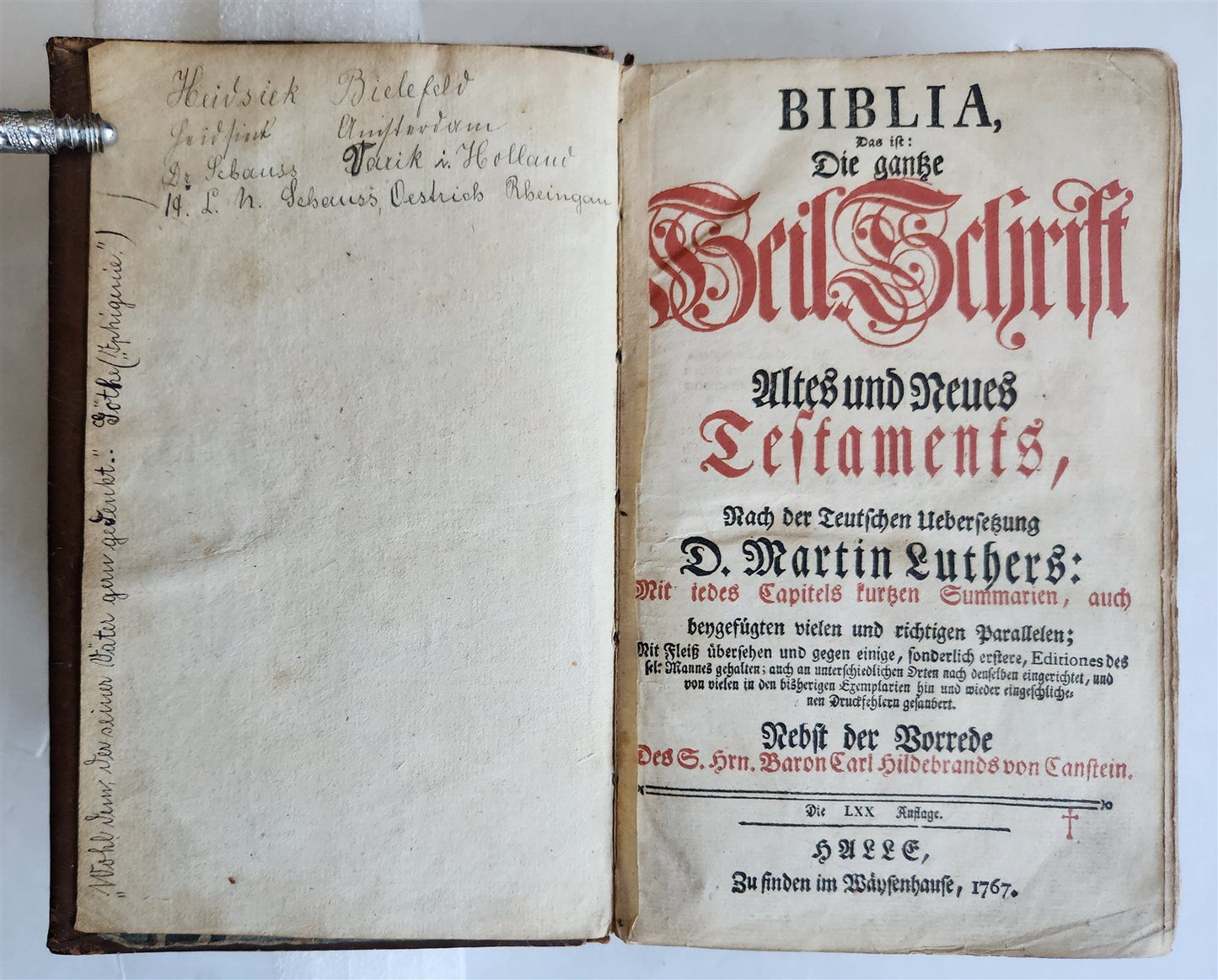 1767 BIBLE in GERMAN antique OLD & NEW TESTAMENT Canstein octavo M.LUTHER Bible