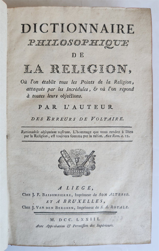 1773 Philosophical Dictionary of Religion in French antique
