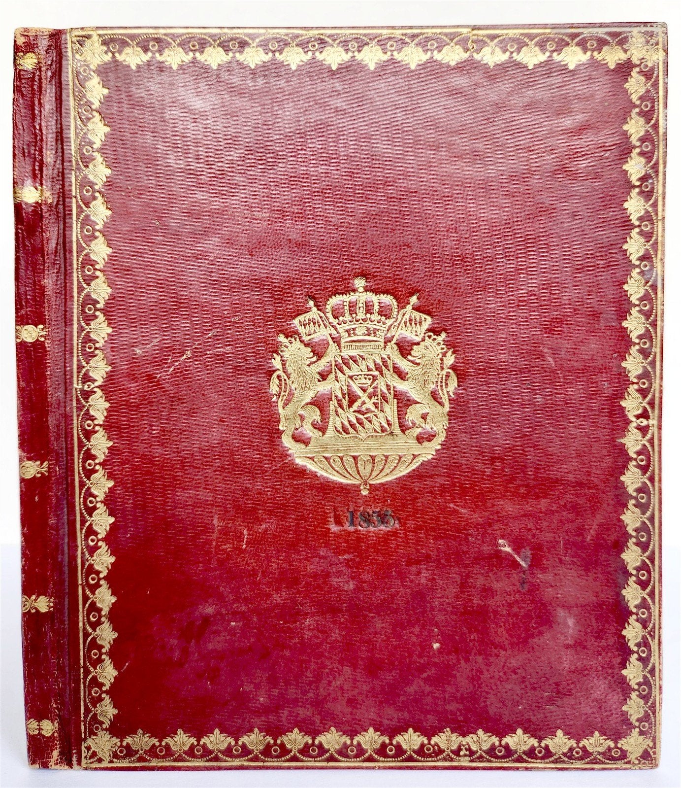 1855 dated COMPOSITION BOOK antique BINDING w/ GILT COAT OF ARMS