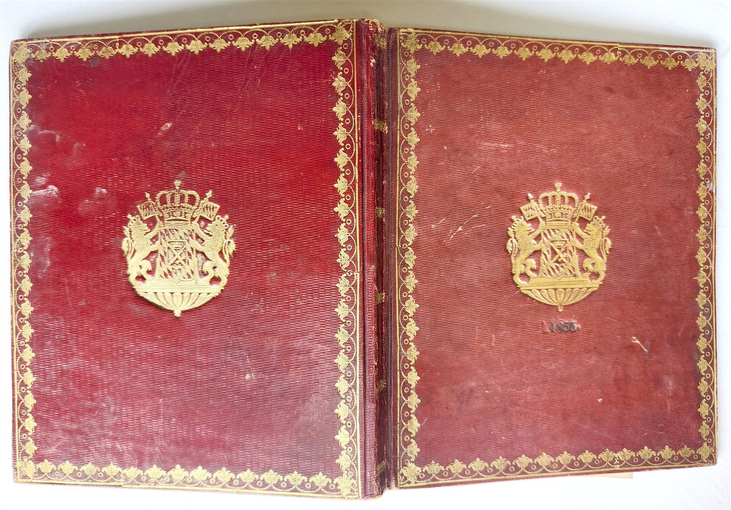 1855 dated COMPOSITION BOOK antique BINDING w/ GILT COAT OF ARMS