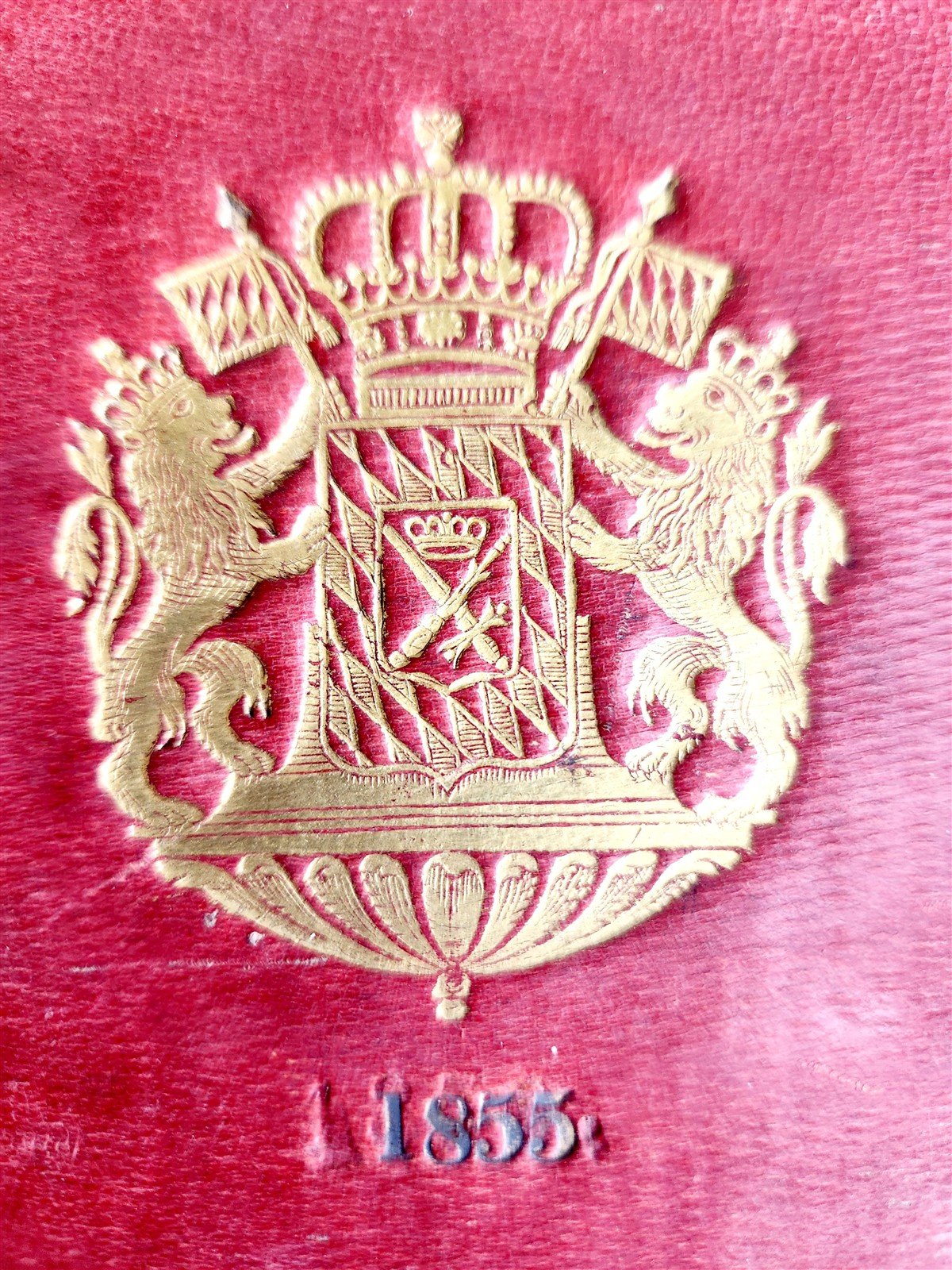 1855 dated COMPOSITION BOOK antique BINDING w/ GILT COAT OF ARMS