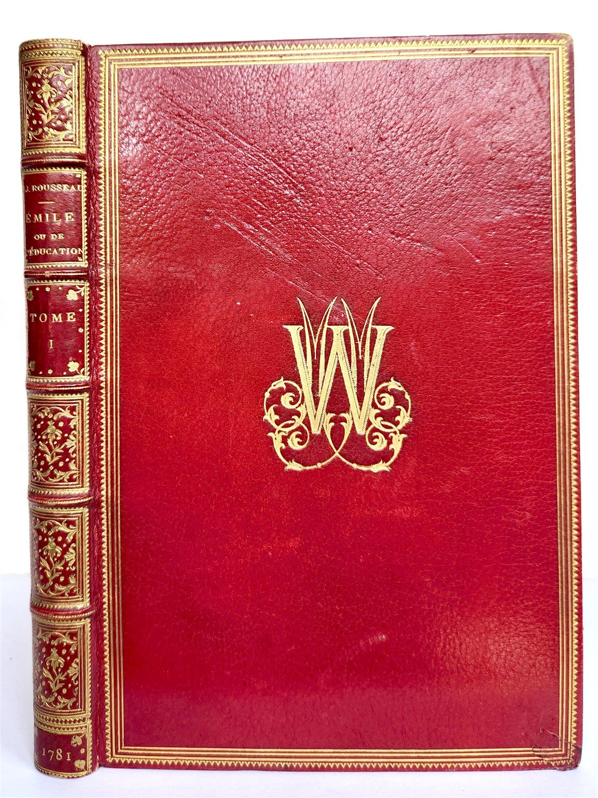 1781 ROUSSEAU antique SIGNED GILT-STAMPED MOROCCO BINDING Emile ou l'Education