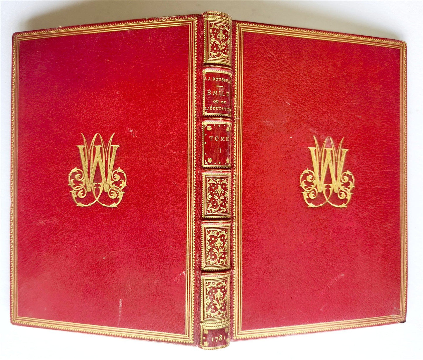 1781 ROUSSEAU antique SIGNED GILT-STAMPED MOROCCO BINDING Emile ou l'Education