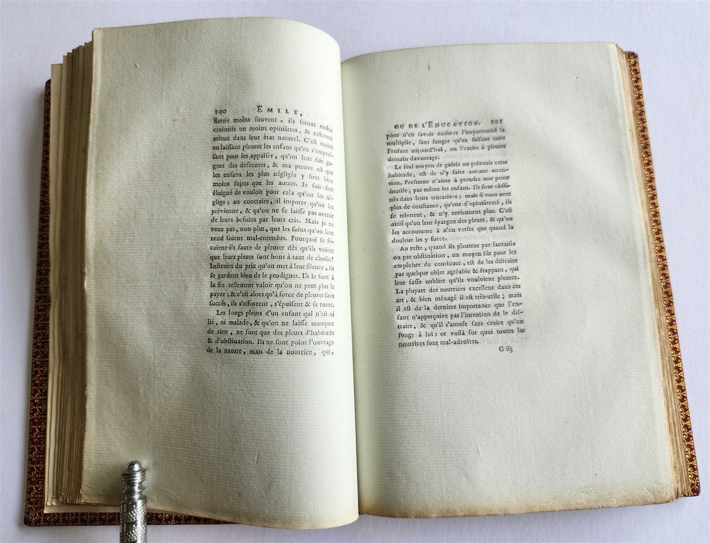 1781 ROUSSEAU antique SIGNED GILT-STAMPED MOROCCO BINDING Emile ou l'Education