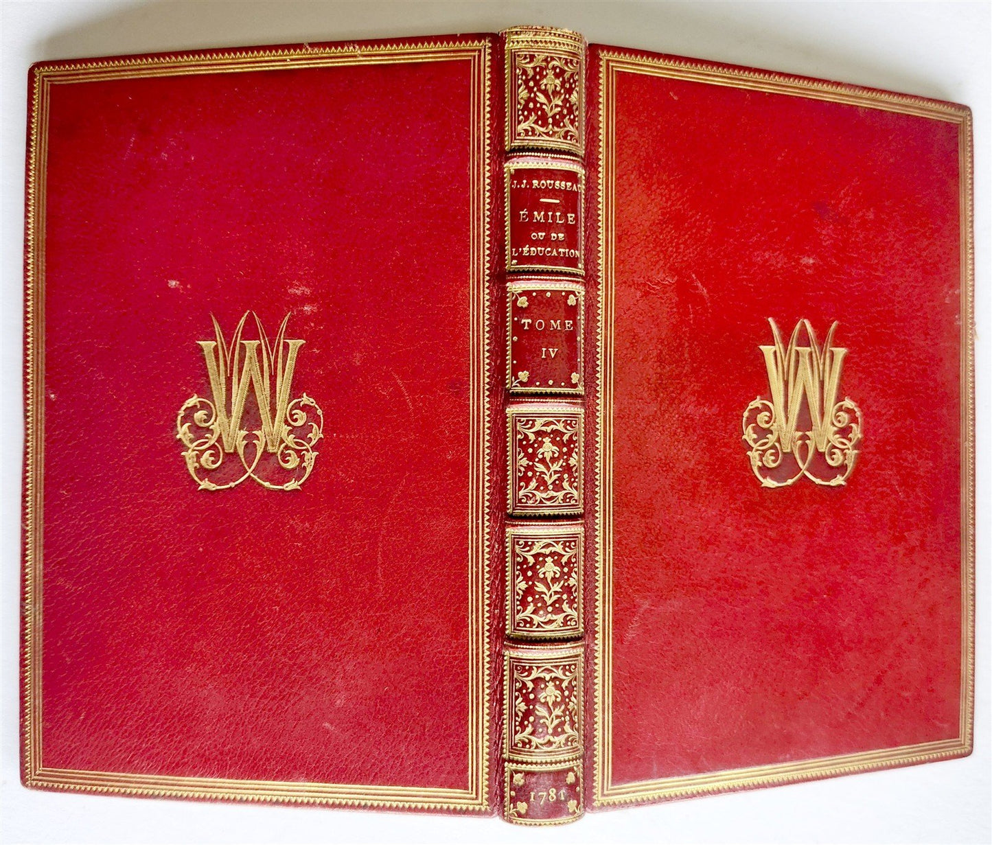 1781 ROUSSEAU Emile ou l'Education antique SIGNED GILT-STAMPED MOROCCO BINDING