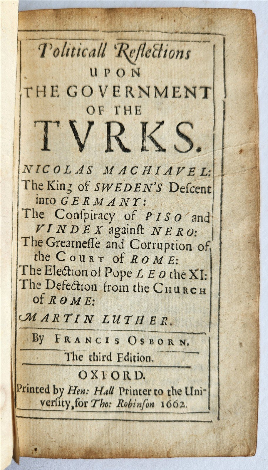 1662 Political Reflections upon the Government of Turks antique TURKEY OTTOMAN