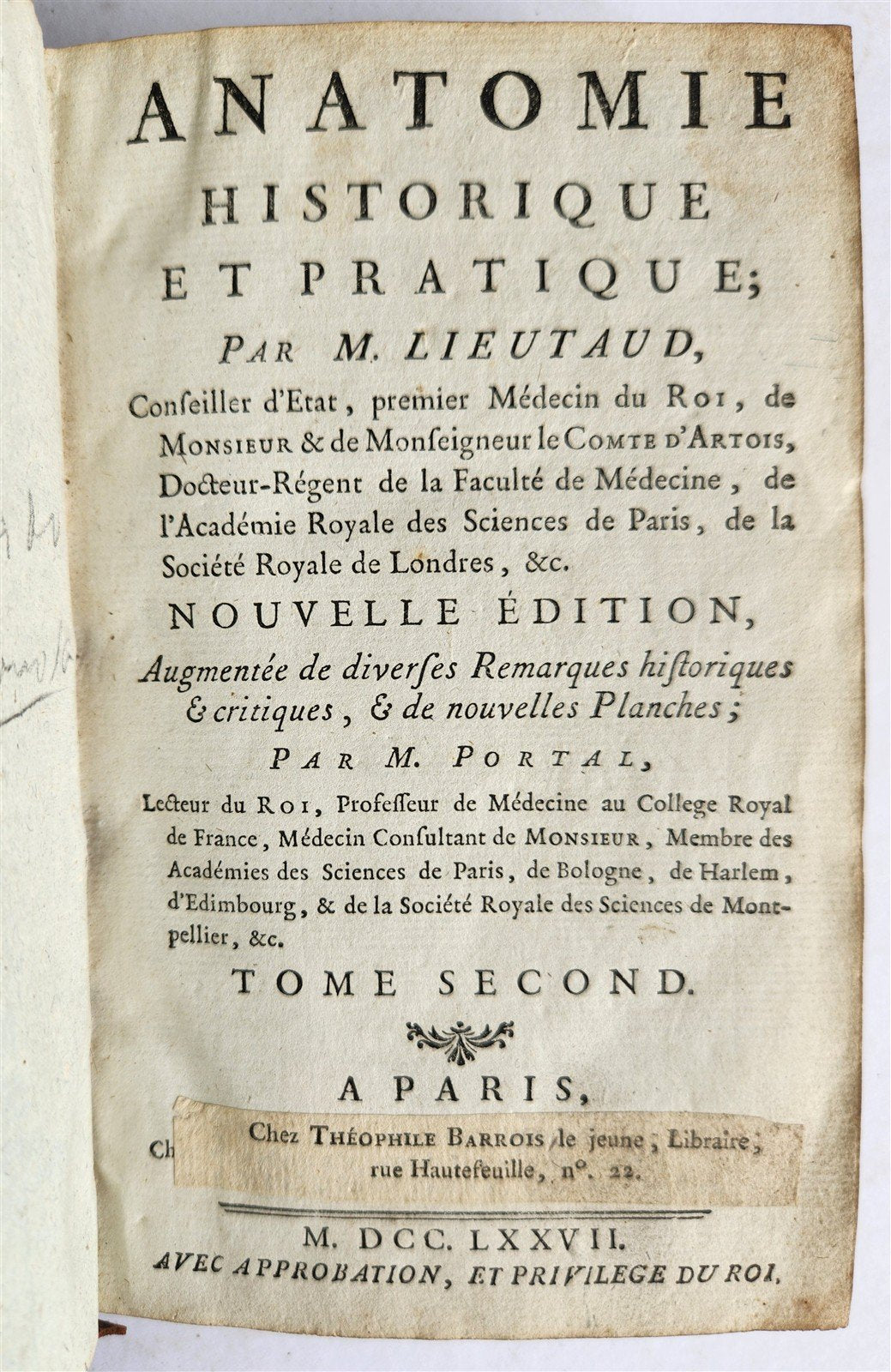 1777 ANATOMIE HISTORIQUE et PRATIQUE antique ILLUSTRATED