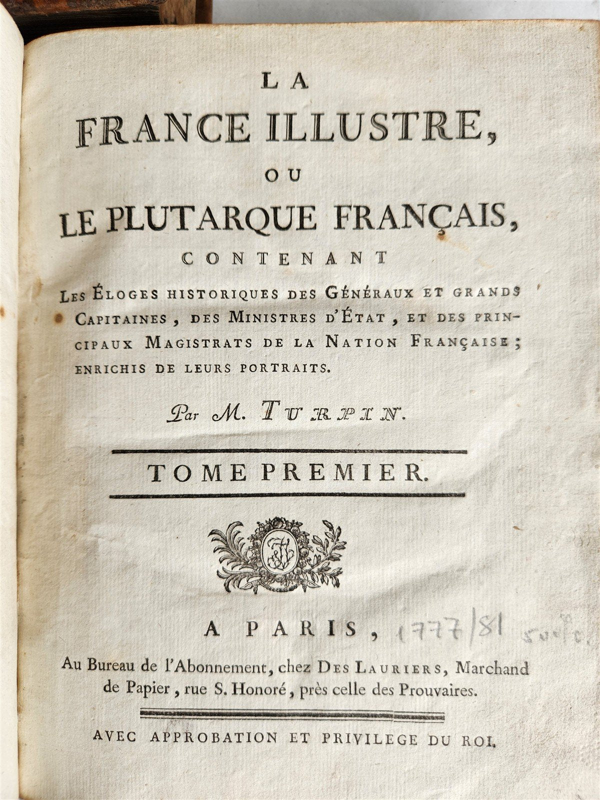 1777 ILLUSTRIOUS FRANCE or FRENCH PLUTARCH antique 3 volumes ILLUSTRATED