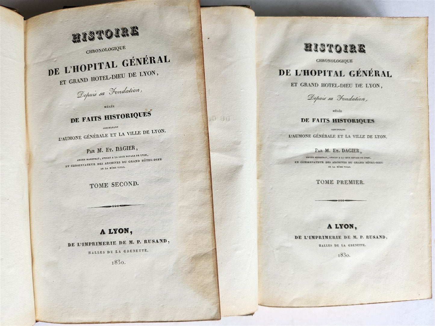 1830 History of General Hospital Grand Hotel-Dieu of Lyon 2 VOLS antique French