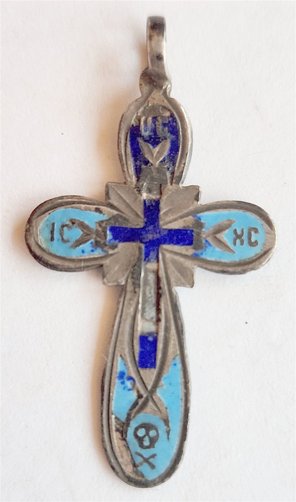 19th century RUSSIAN ORTHODOX SILVER ENAMEL icon NECK CROSS antique