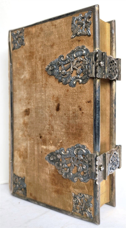 1857 GERMAN HYMNAL VELVET BINDING w/ BEAUTIFUL SILVER FITTINGS & CLASPS antique