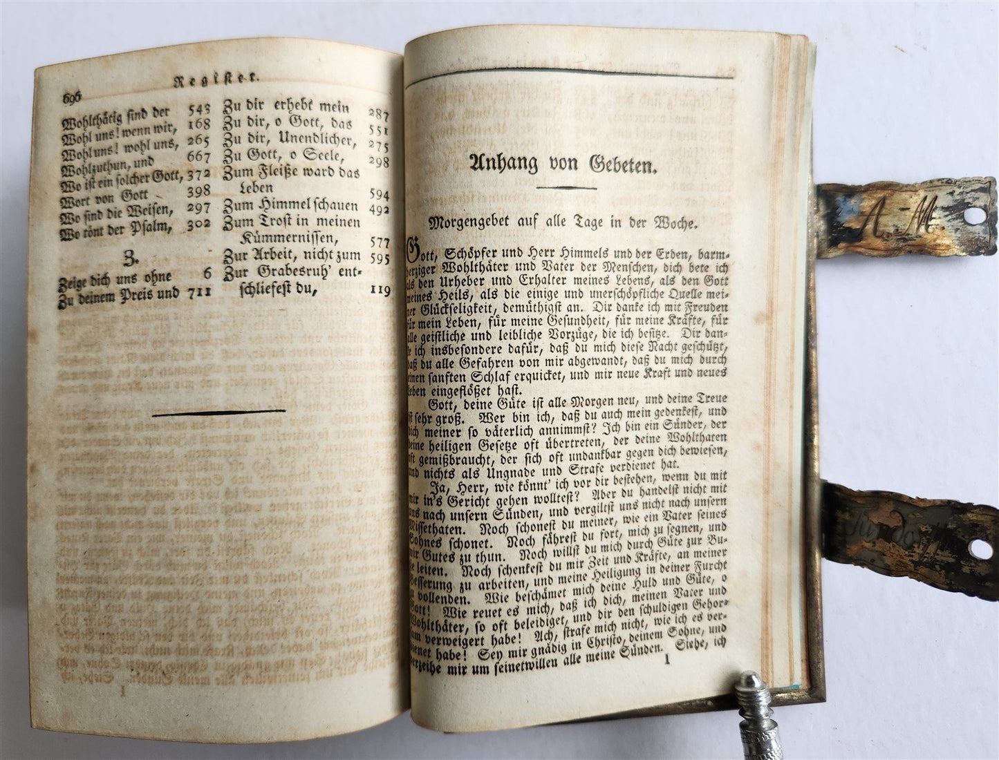 1857 GERMAN HYMNAL VELVET BINDING w/ BEAUTIFUL SILVER FITTINGS & CLASPS antique