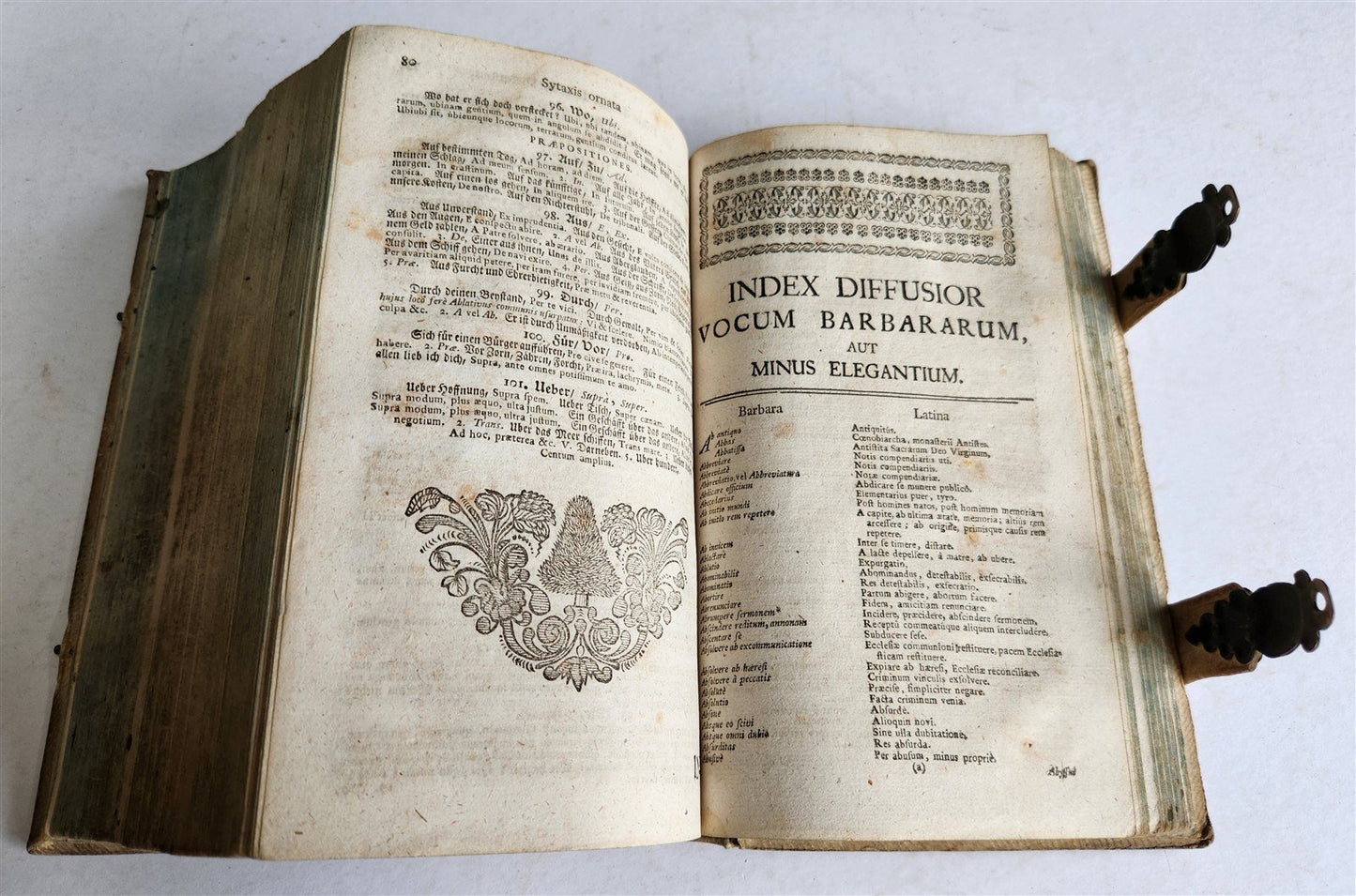 1756 ETYMOLOGICAL LATIN DICTIONARY antique PIGSKIN BINDING w/ CLASPS