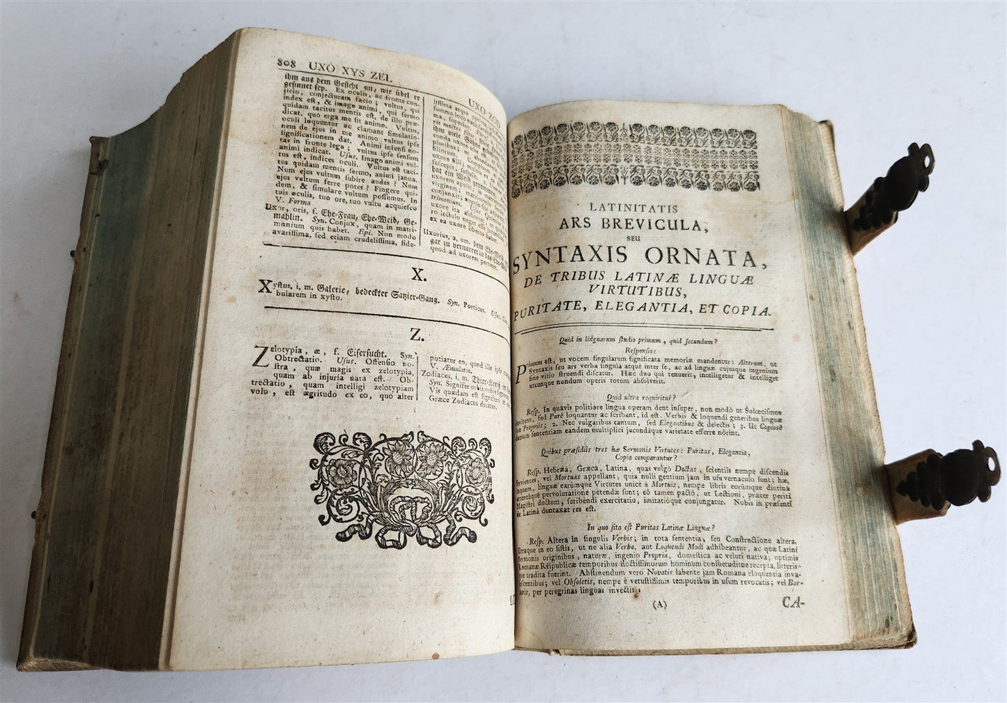 1756 ETYMOLOGICAL LATIN DICTIONARY antique PIGSKIN BINDING w/ CLASPS