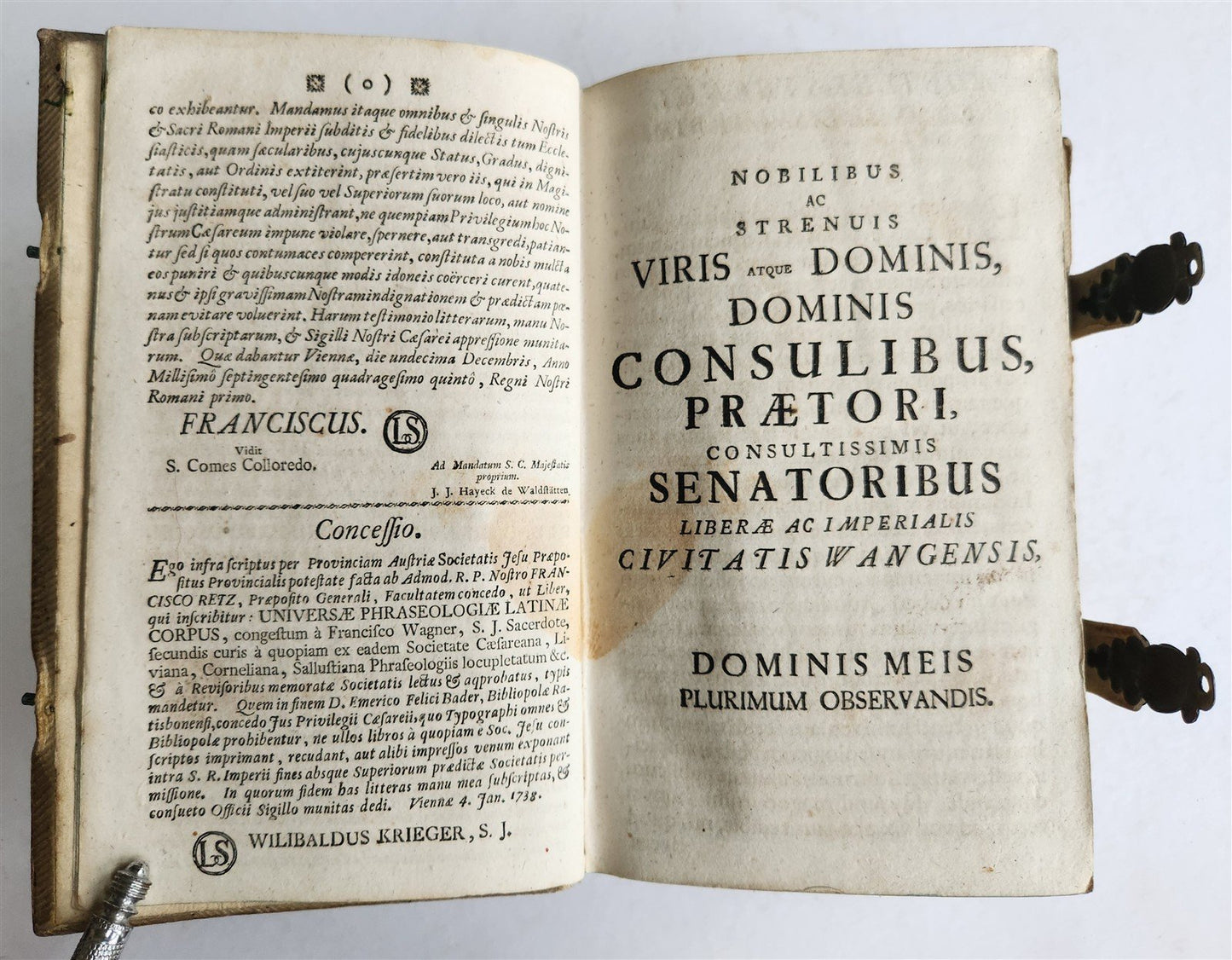 1756 ETYMOLOGICAL LATIN DICTIONARY antique PIGSKIN BINDING w/ CLASPS