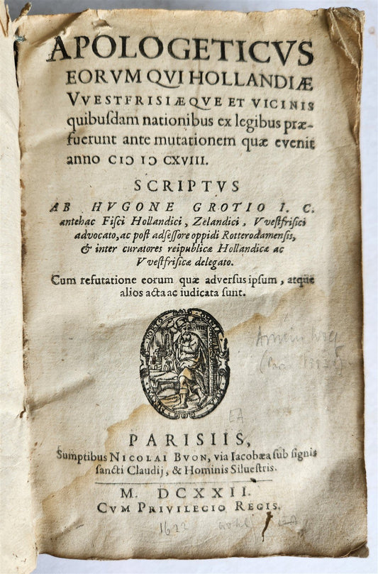 1622 APOLOGETICUS EORUM QVI HOLLANDIAE by Hugone Grotio antique VELLUM BINDING