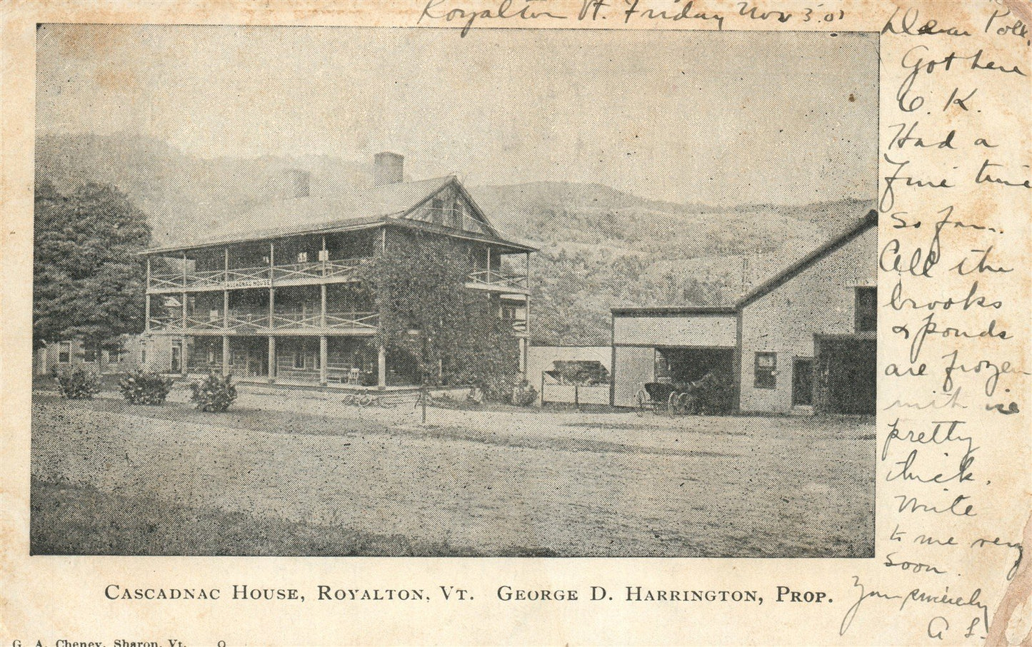 ROYALTON VT CASCADNAC HOUSE ANTIQUE POSTCARD