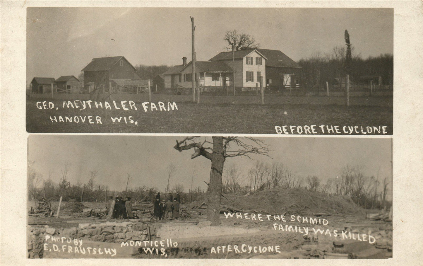MONTICELLO WI BEFORE & AFTER CYCLON ANTIQUE REAL PHOTO POSTCARD RPPC