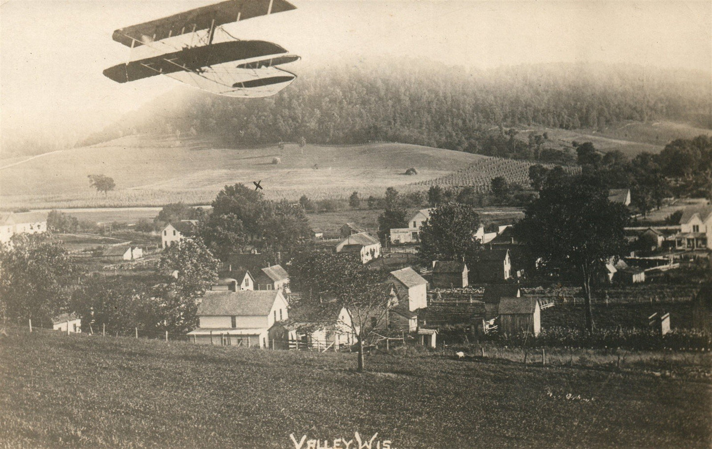 VALLEY WI SCENE w/ AIRPLANE ANTIQUE REAL PHOTO POSTCARD RPPC