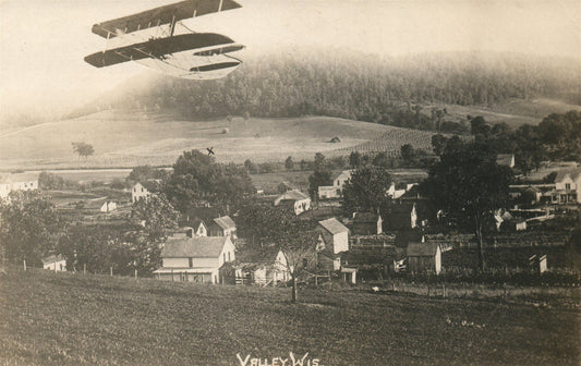 VALLEY WI SCENE w/ AIRPLANE ANTIQUE REAL PHOTO POSTCARD RPPC