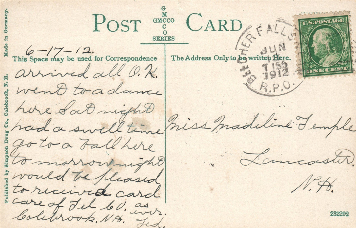 COLEBROOK NH COLEBROOK HOUSE ANTIQUE POSTCARD