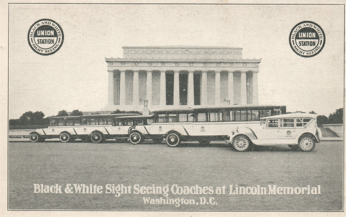 WASHINGTON DC SIGHT SEEING COACHES AT LINCOLN MEMORIAL ANTIQUE POSTCARD