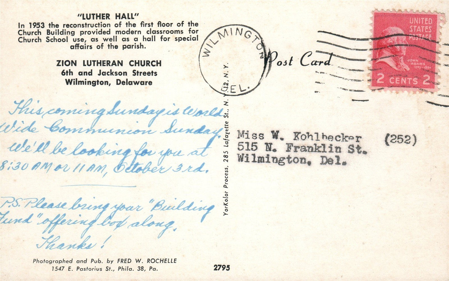 WILMINGTON DE ZION LUTHERAN CHURCH VINTAGE POSTCARD