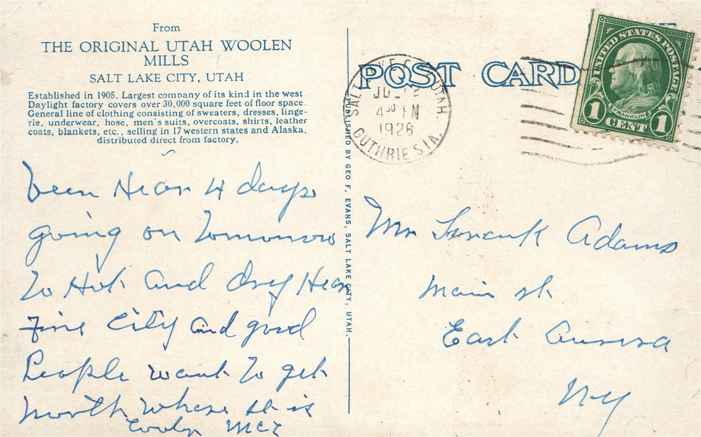 SALT LAKE CITY UT ORIGINAL UTAH WOOLEN MILLS ANTIQUE POSTCARD
