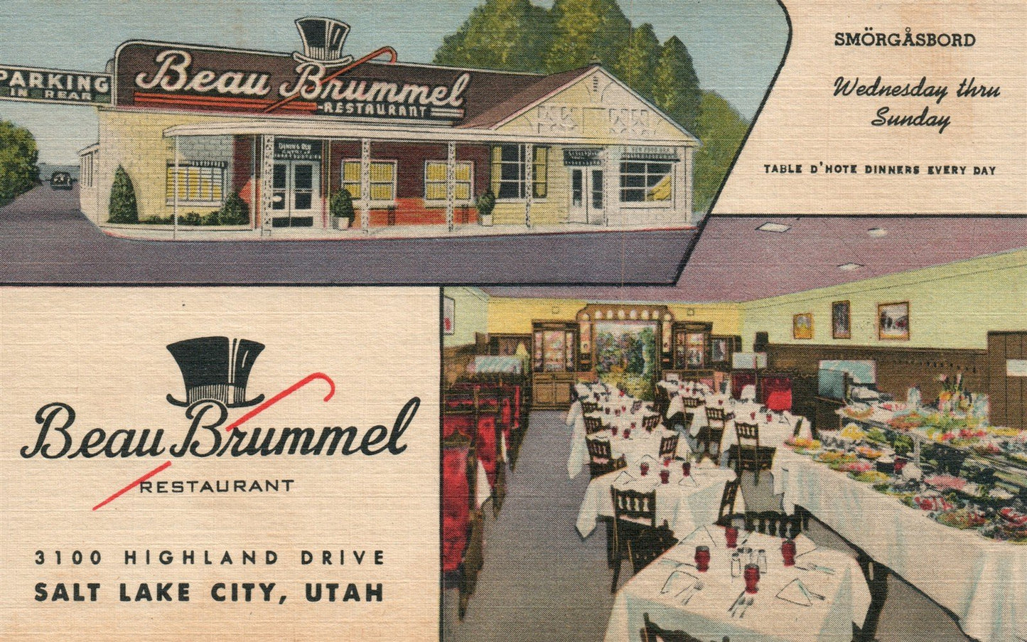 SALT LAKE CITY UT BEAU BRUMMEL RESTAURANT ADVERTISING ANTIQUE POSTCARD