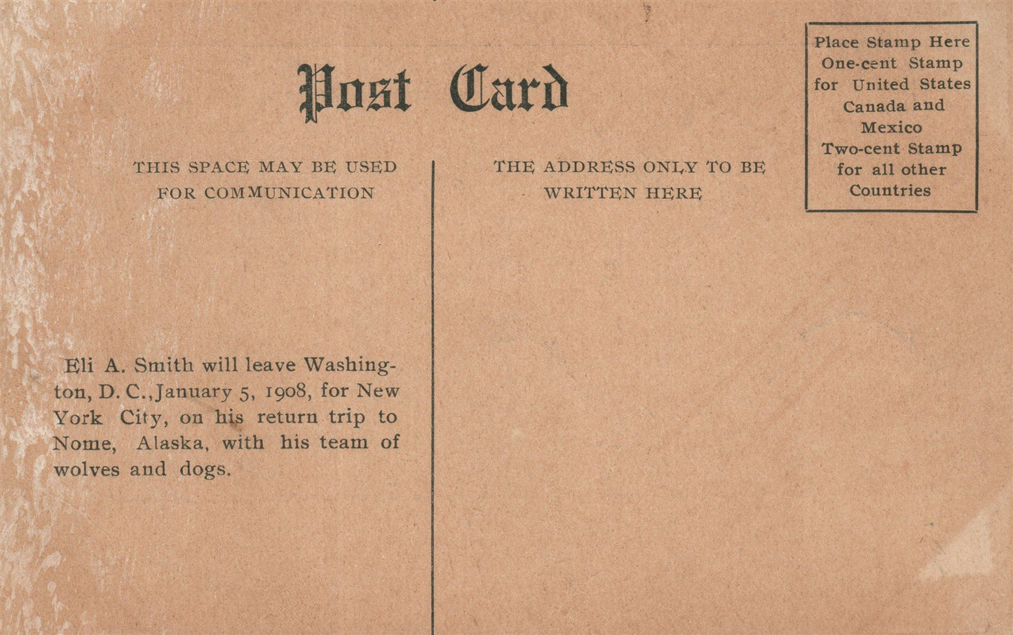 ELI SMITH LEAVES WASHINGTON DC for NYC w/ TEAM of WOLVES & DOGS ANTIQUE POSTCARD