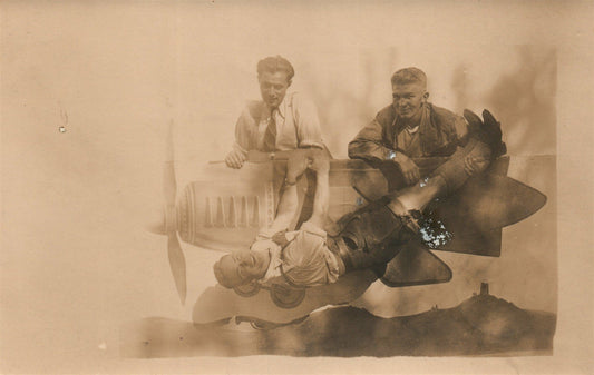 GERMAN COLLAGE w/ AIRPLANE ANTIQUE REAL PHOTO POSTCARD RPPC