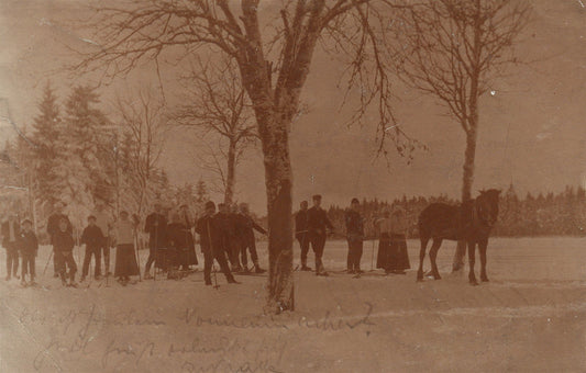 SKIERS ANTIQUE REAL PHOTO POSTCARD RPPC