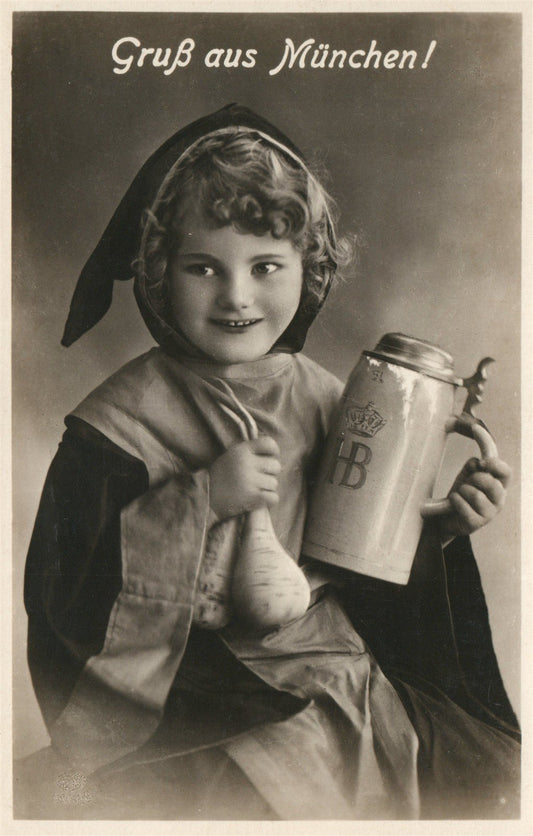 MUNCHEN GERMANY GIRL w/ BEER STEIN ANTIQUE REAL PHOTO POSTCARD RPPC