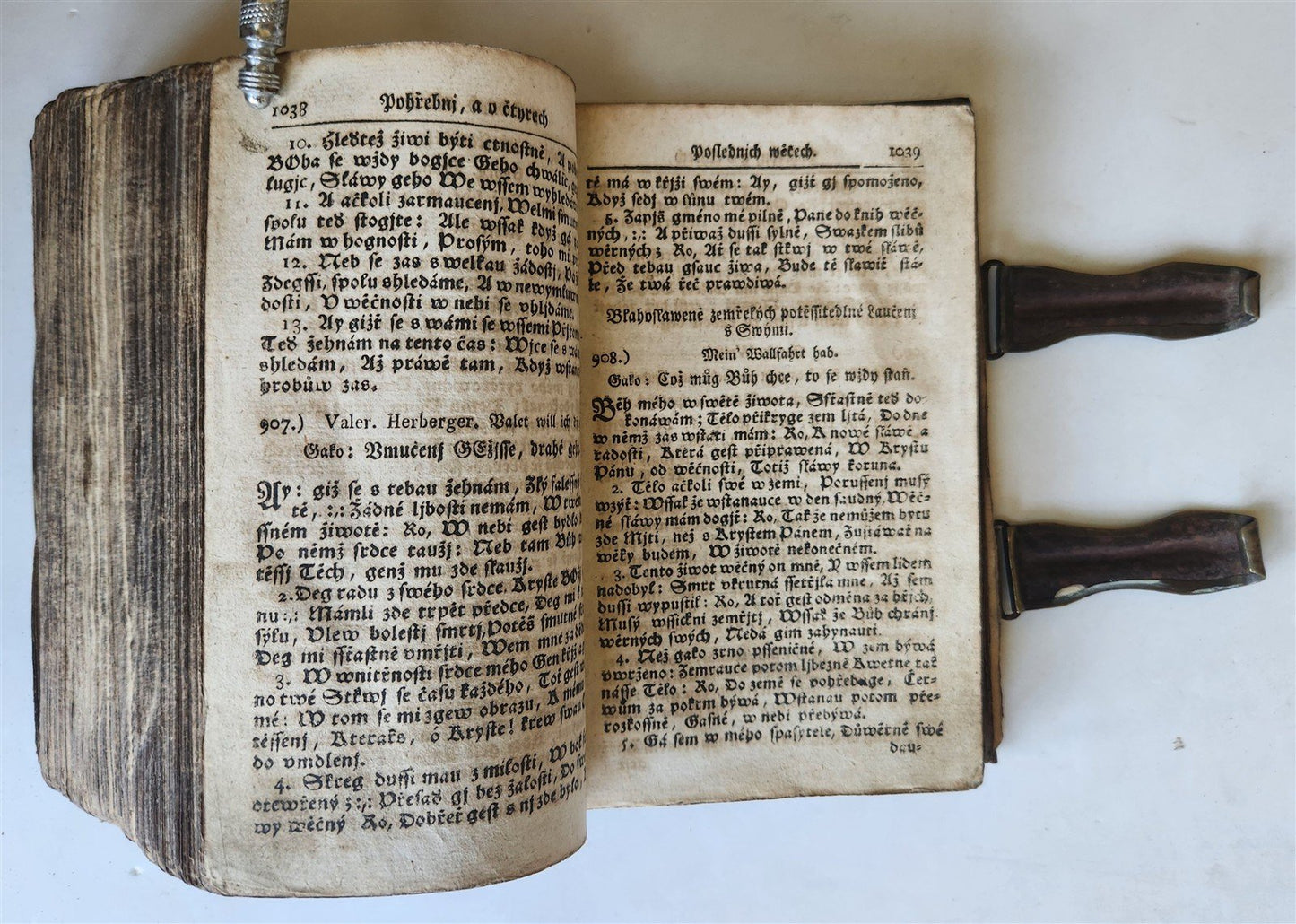 1803 DEVOTIONAL BOOK in CZECH LANGUAGE antique DECORATIVE BRASS BINDING w/CLASPS