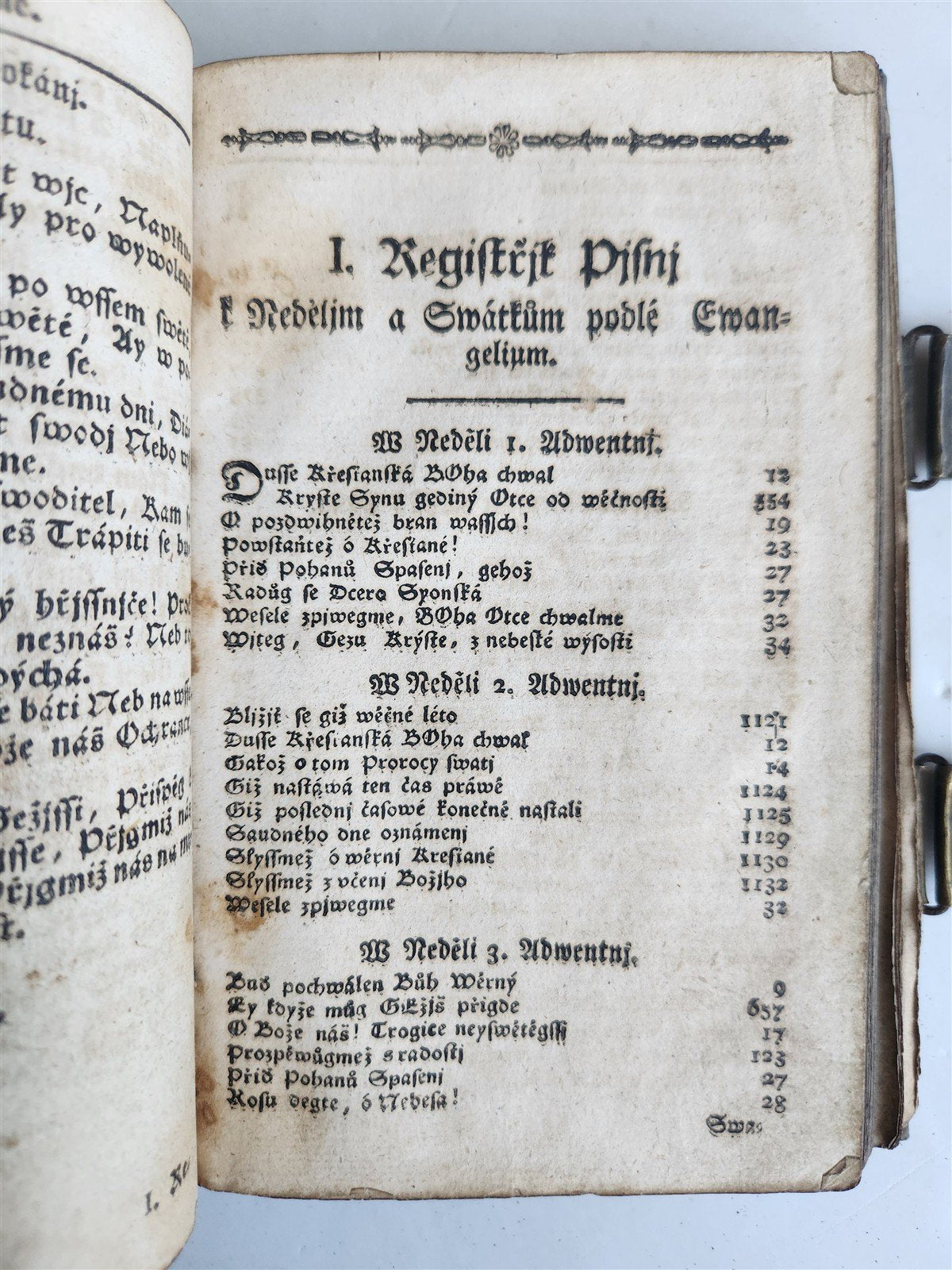 1803 DEVOTIONAL BOOK in CZECH LANGUAGE antique DECORATIVE BRASS BINDING w/CLASPS