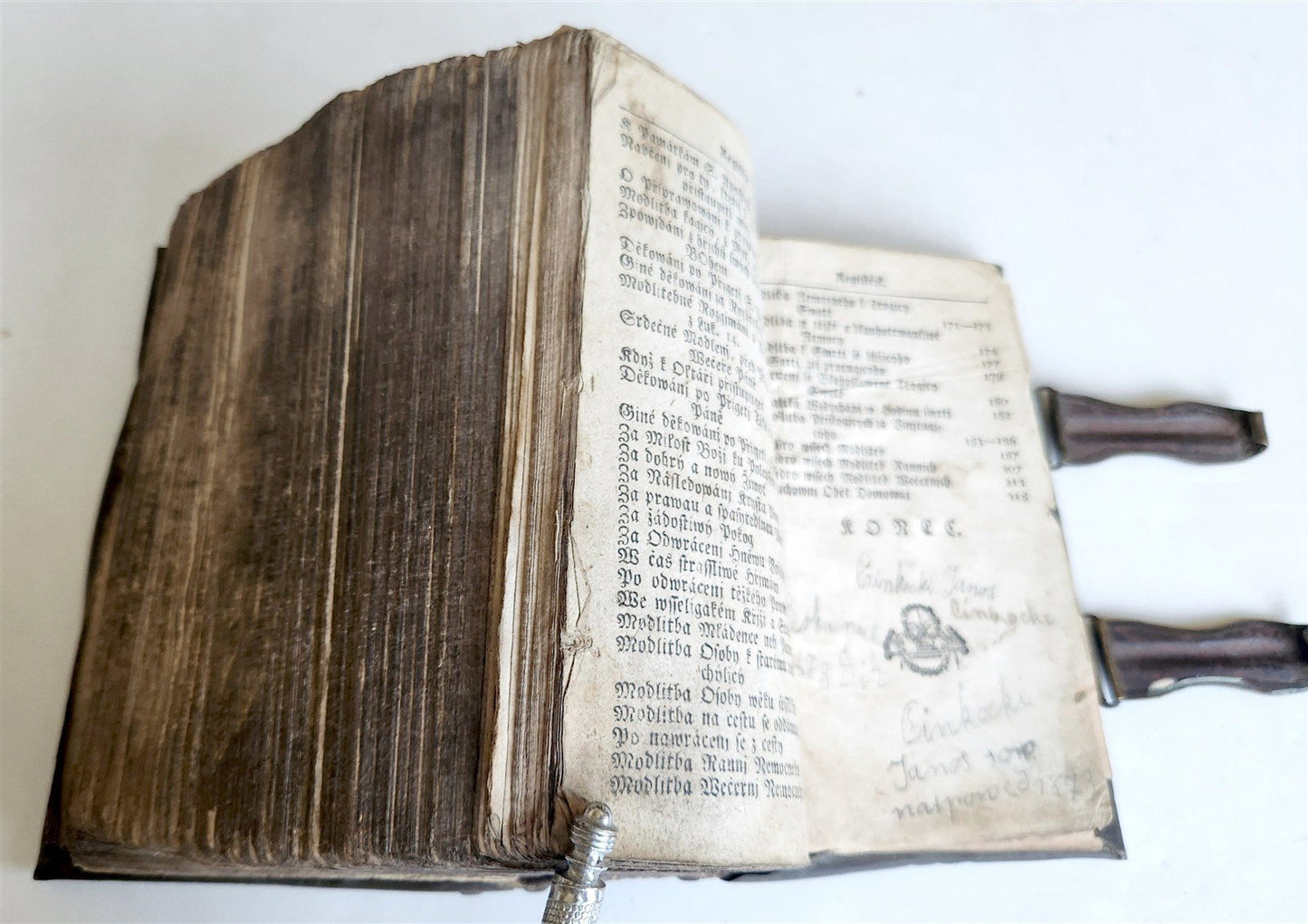 1803 DEVOTIONAL BOOK in CZECH LANGUAGE antique DECORATIVE BRASS BINDING w/CLASPS