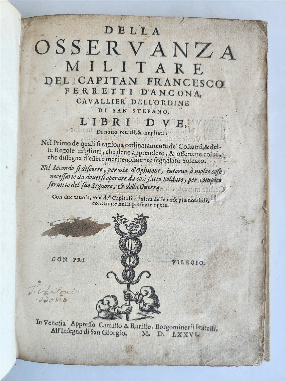 1576 ILLUSTRATED MILITARY TREATISE by Ferretti ANTIQUE Della osservanza militare
