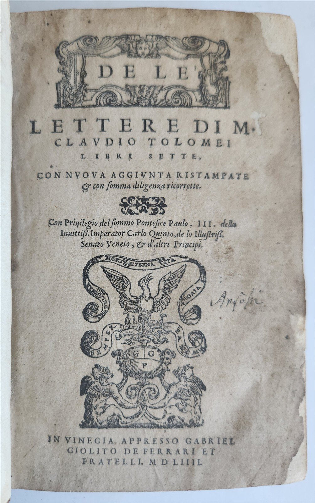 1554 DE LE LETTERE di M. CLAUDIO TOLOMEI ILLUSTRATED w/ MAP antique 16th CENTURY