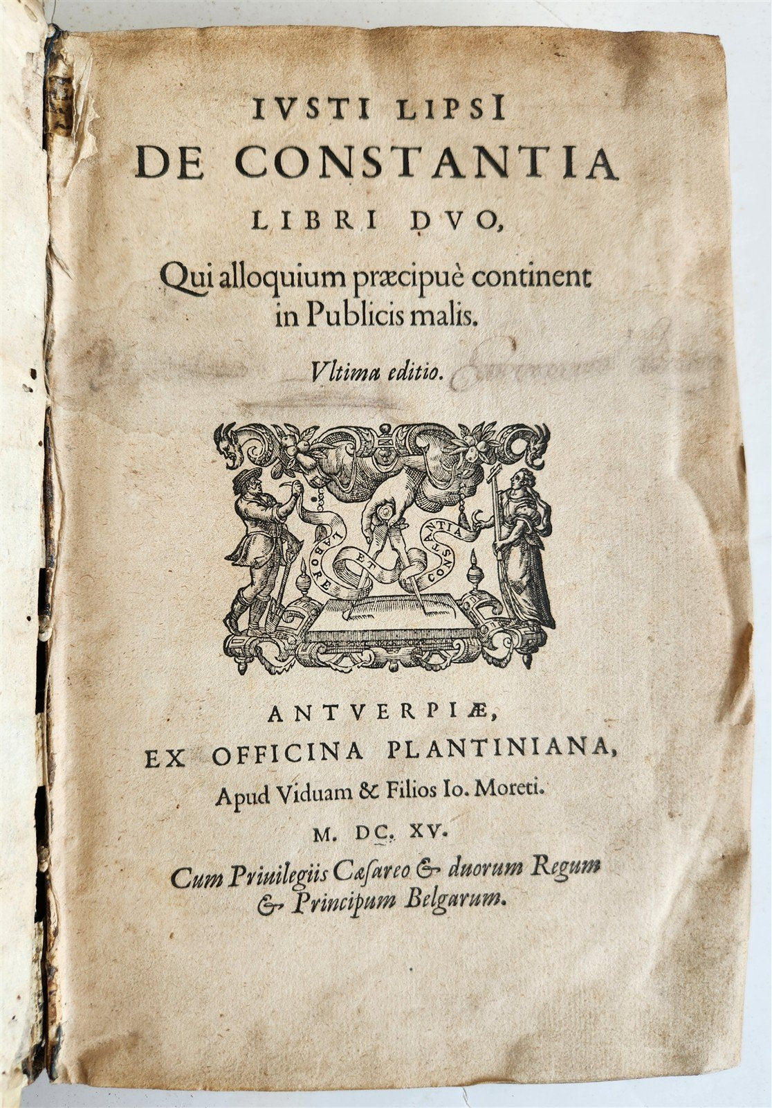 1615 LIPSIUS PHILOSOPHICAL DIALOGUE antique PLANTIN PRESS De constantia VELLUM