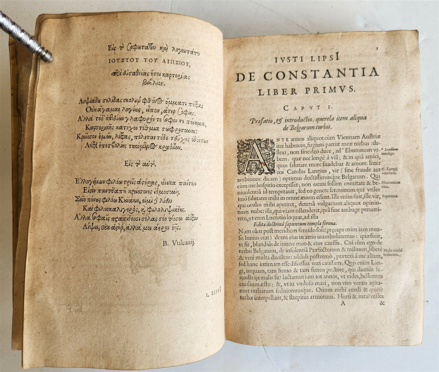 1615 LIPSIUS PHILOSOPHICAL DIALOGUE antique PLANTIN PRESS De constantia VELLUM