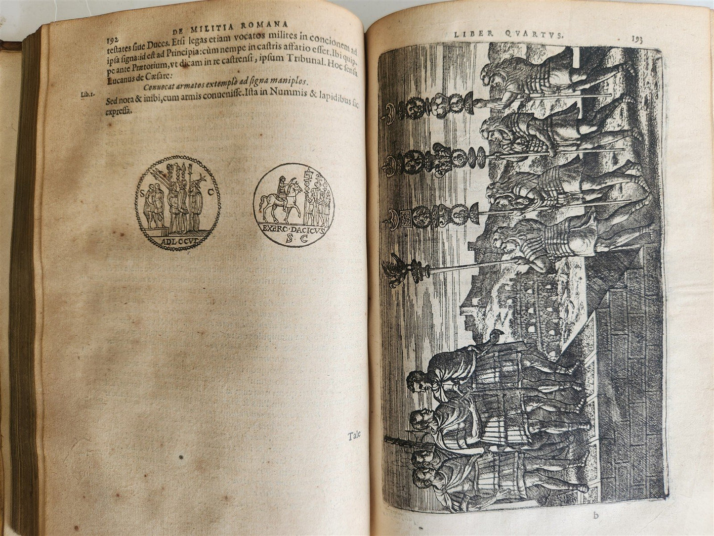 1598 DE MILITIA ROMANA CRUCE LIPSIUS antique ILLUSTRATED WARFARE Plantin vellum