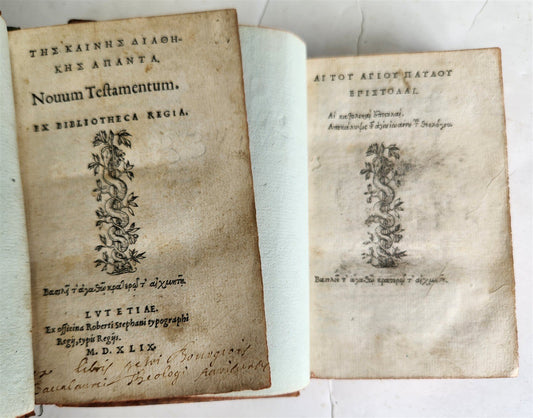 1549 BIBLE in GREEK by ESTIENNE PUBLISHERS antique 2 VOLUMES NEW TESTAMENT
