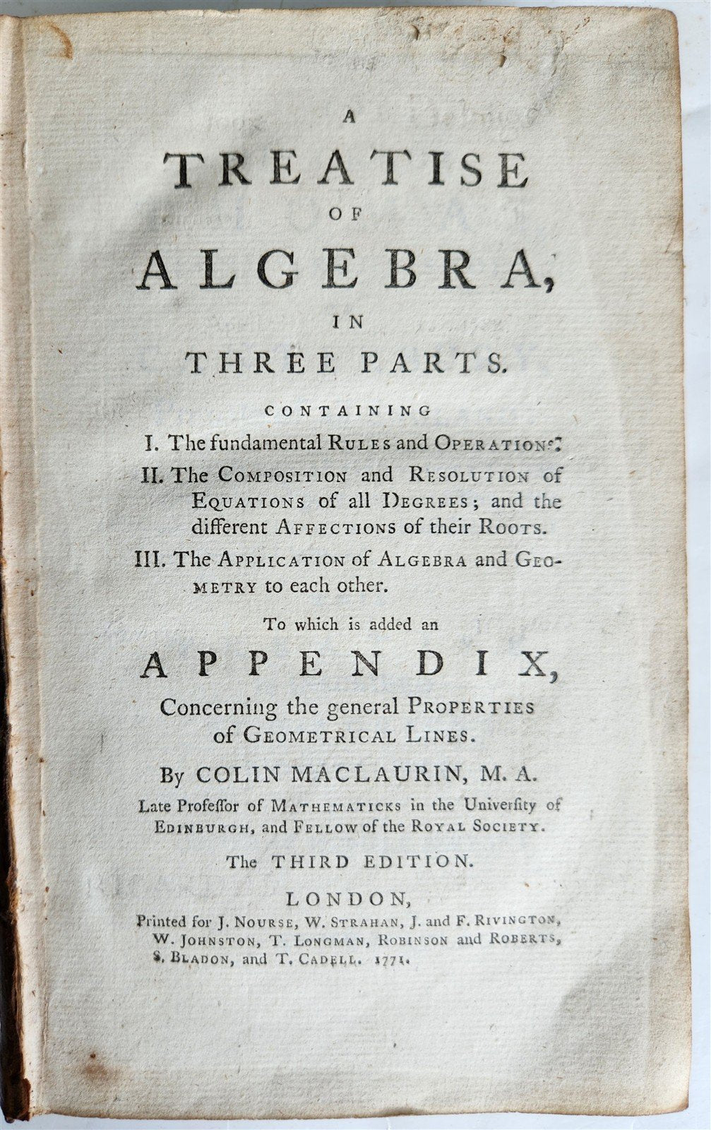 1771 Treatise of Algebra ILLUSTRATED antique in ENGLISH