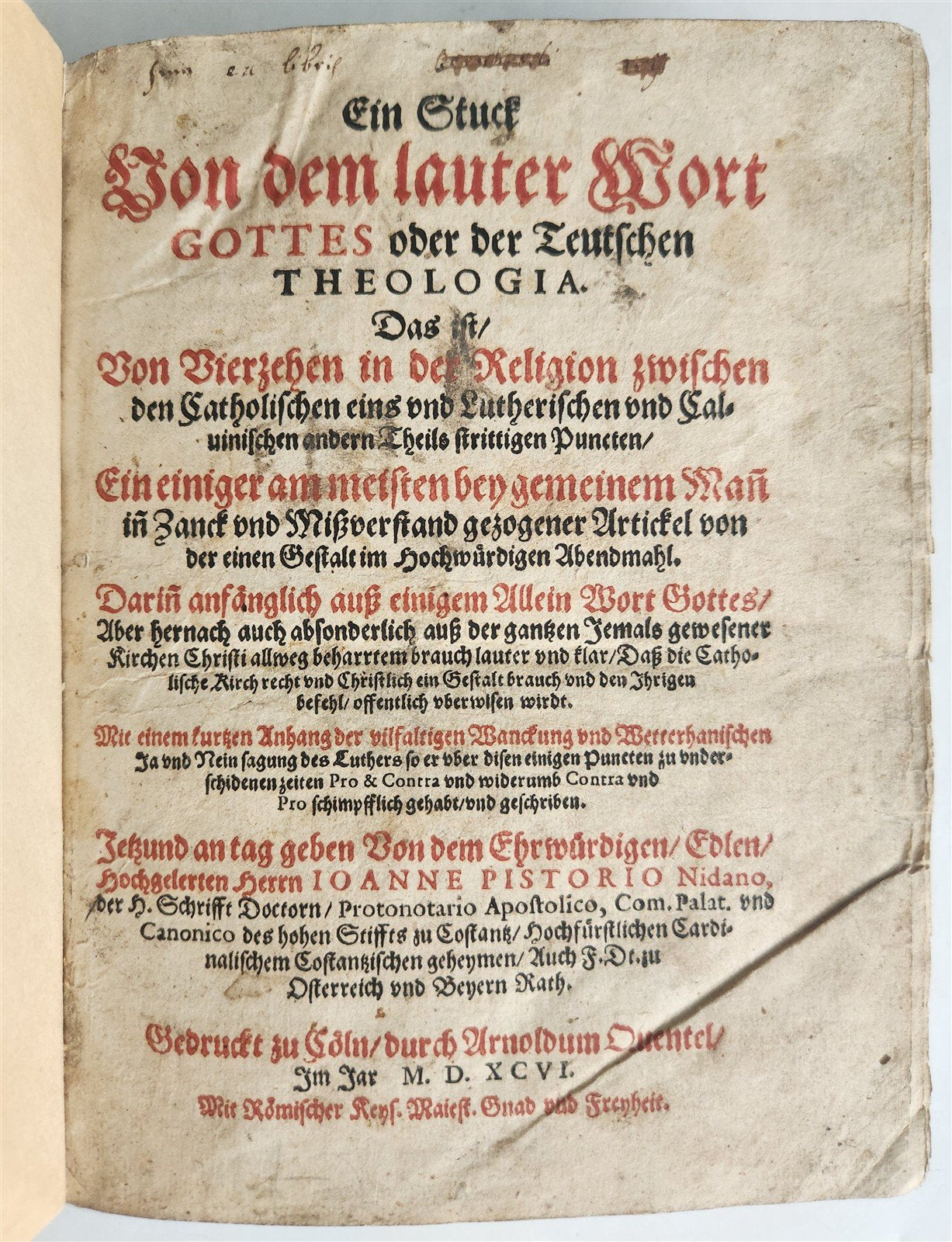 1596 THEOLOGY in GERMAN by Johannes Pistorius antique