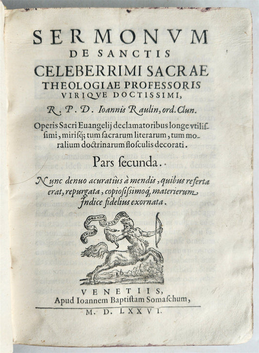 1576 SERMONUM de SANTIS by Johannes Raulin antique VELLUM BINDING