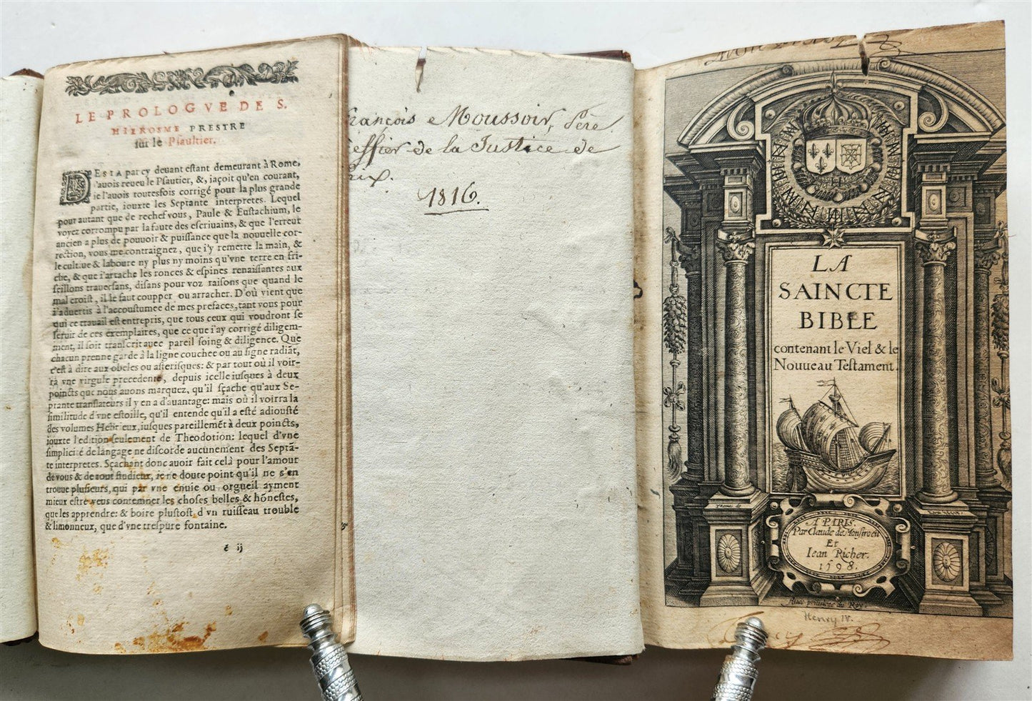 1598 BIBLE in FRENCH ILLUSTRATED 2 VOLUMES antique OLD & NEW TESTAMENT