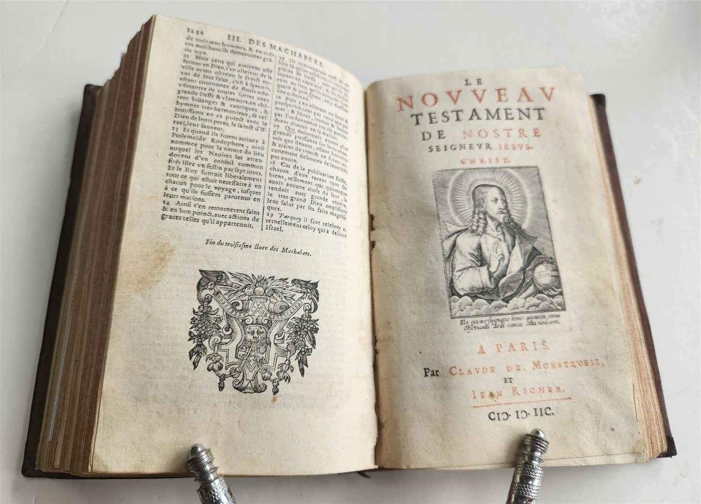 1598 BIBLE in FRENCH ILLUSTRATED 2 VOLUMES antique OLD & NEW TESTAMENT