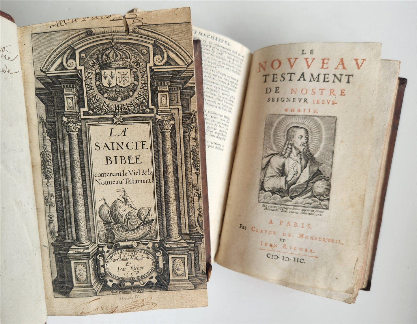 1598 BIBLE in FRENCH ILLUSTRATED 2 VOLUMES antique OLD & NEW TESTAMENT